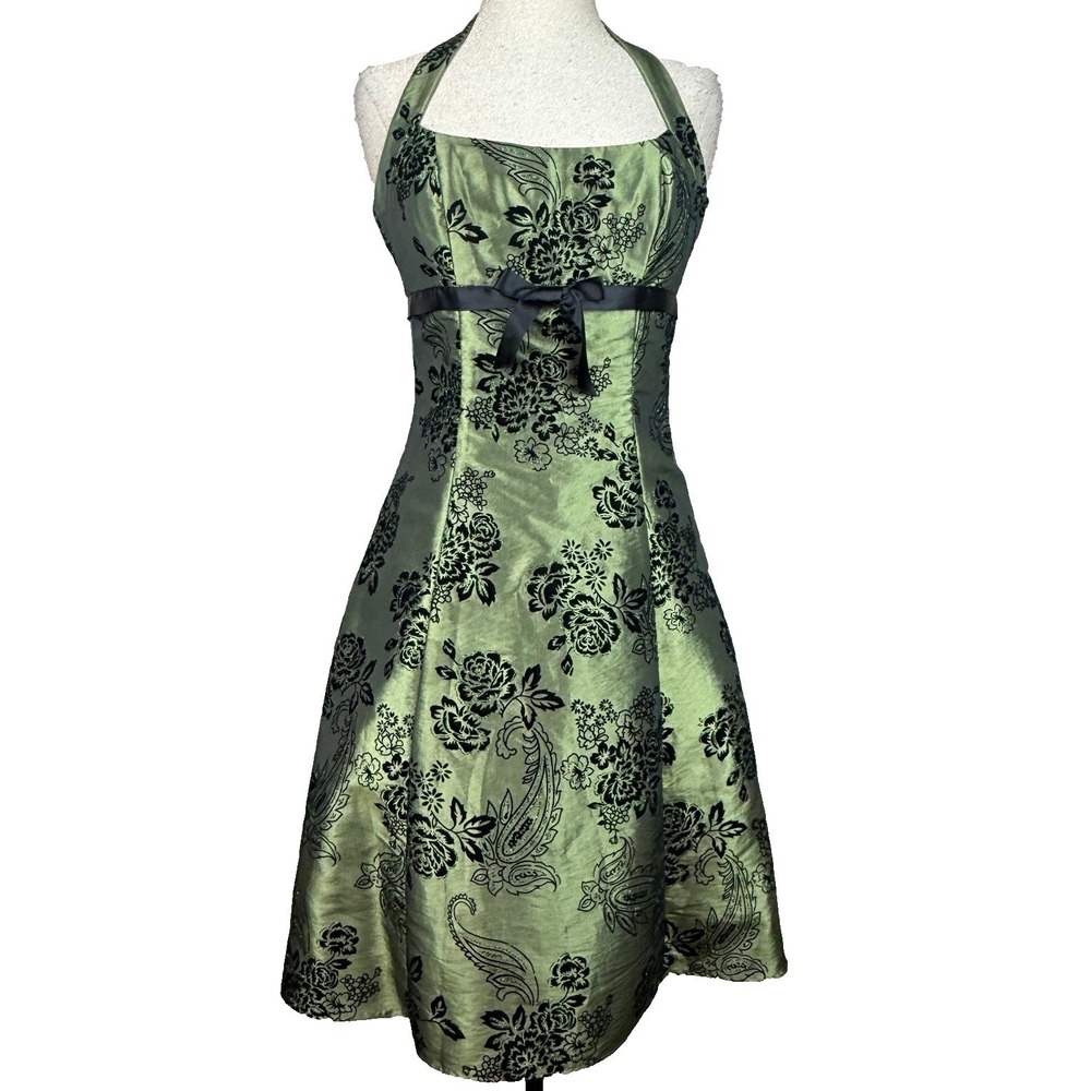 Zum Zum Halter Dress Women 7/8 Green Velvet Floral Glitter Fairy Y2K Vtg READ